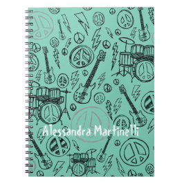 Caderno Espiral Aqua Teal Music Doodles Guitars & Drums Personaliz