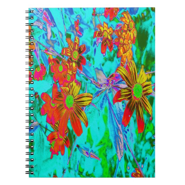 Caderno Espiral Aqua Tropical com Flores Amarelas e Laranja (Frente)