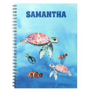 Caderno Espiral Aquarela Amigos do Mar Peixes Tartarugas Monograma