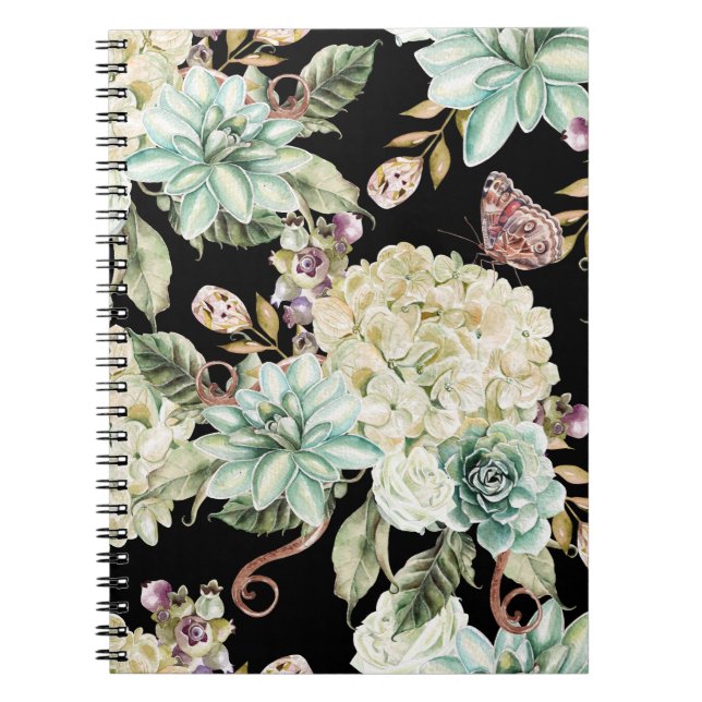 Caderno Espiral Aquarela Brilhante: Hydrangea Rosa Pattern. (Frente)