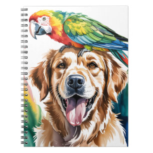 Caderno Espiral Aquarela de Arara e um Retriever Dourado