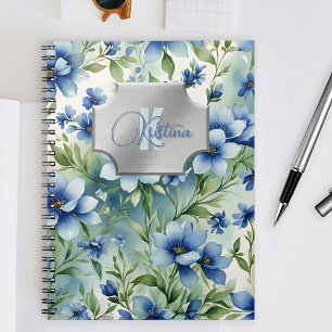 Caderno Espiral Aquarela Floral Azul Elegante com Placa Silver