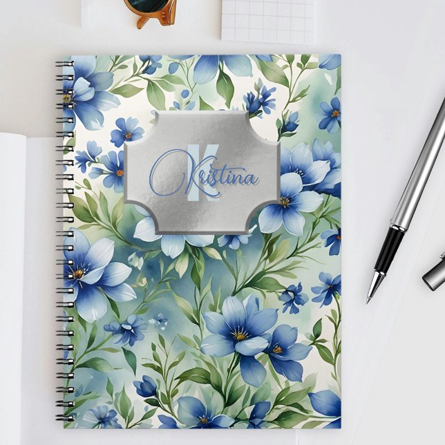 Caderno Espiral Aquarela Floral Azul Elegante com Placa Silver (Criador carregado)