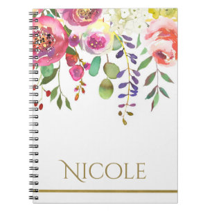 Caderno Espiral Aquarela Floral Flores Moderno Colorido Ousado