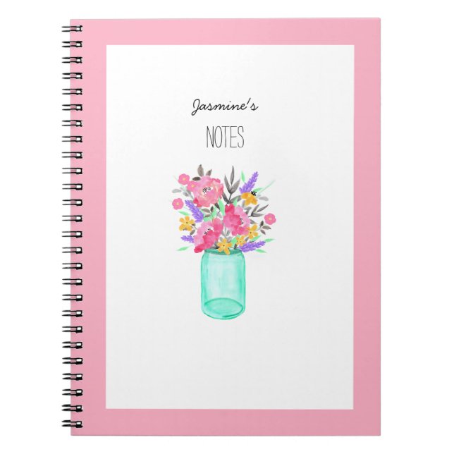 Caderno Espiral Aquarela Flores de Jar Mason da Mesa de Rosa (Frente)