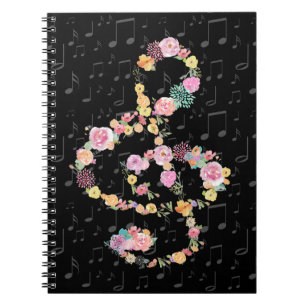 Caderno Espiral aquarela flores musicais clef a preto