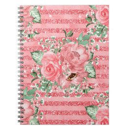 Caderno Espiral Aquarela Flores Rosas Cor-de-Rosa & Listras de Bri