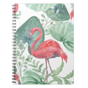 Caderno Espiral Aquarela Inflamingos e folhas cor-de-rosa.