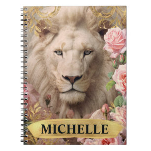 Caderno Espiral Aquarela Leão Branco Vintage e Rosas Pink