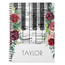 Caderno Espiral aquarela marsala flores vermelhas piano