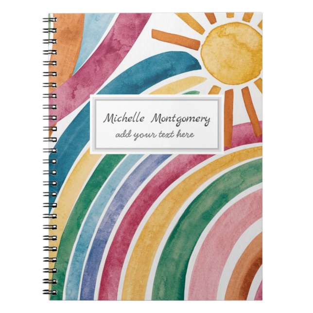Caderno Espiral Aquarela Moderna Boho Arco-íris e Sol Personalizad (Frente)