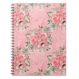 Caderno Espiral Aquarela Shabby Chic Rosas Cor-de-Rosa e Pontos