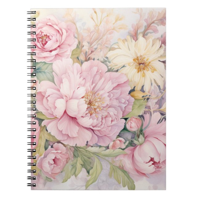 Caderno Espiral Aquarelas de peônias cor-de-rosa lindas. (Frente)