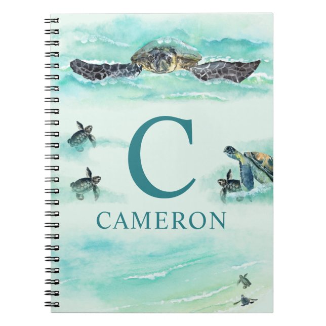 Caderno Espiral Aquarelas do Mar Tartaruga Monograma Nome Turquois (Frente)