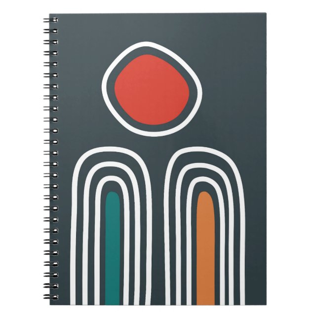 Caderno Espiral Arco-íris boho e sol vermelho no céu azul (Frente)