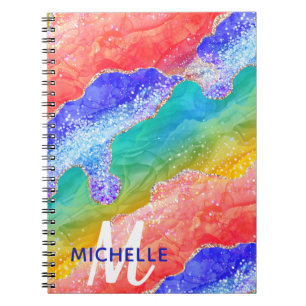Caderno Espiral Arco-íris Brilhante & Monograma de Ágata com Brilh