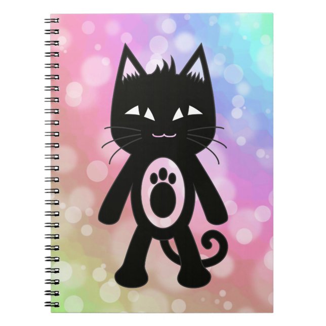 Caderno Espiral Arco-íris de Kawaii e gato preto (Frente)