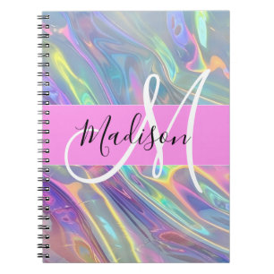 Caderno Espiral Arco-íris Feminino Holográfico Iridescente Monogra