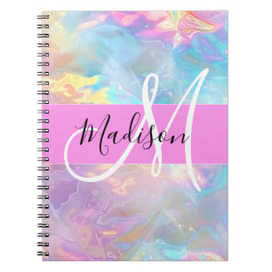 Caderno Espiral Arco-íris Feminino Holográfico Iridescente Monogra