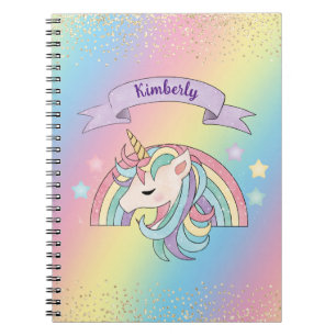 Caderno Espiral Arco-Íris Unicórnio e Esparso com Dourada Glitter