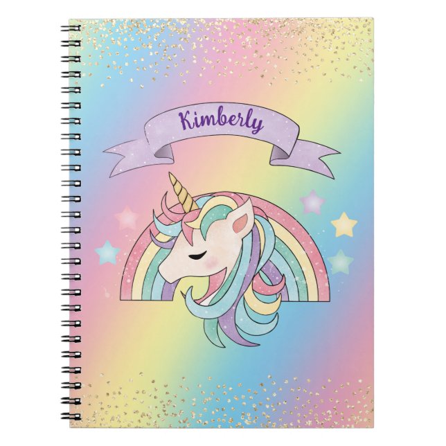 Caderno Espiral Arco-Íris Unicórnio e Esparso com Dourada Glitter (Frente)
