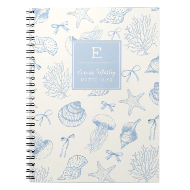 Caderno Espiral Arcos do Oceano de Vintagem Azul, com cruz monogra (Frente)