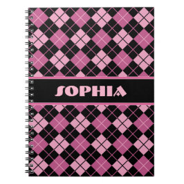 Caderno Espiral Argyle preto e cor-de-rosa