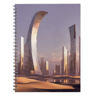 Caderno Espiral Arranha-céus Surreais Futuristas em Paisagem Desér