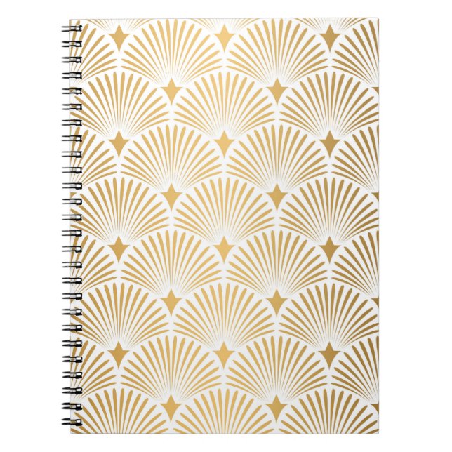 Caderno Espiral Art Deco Pattern. Serralheiro branco e dourado (Frente)