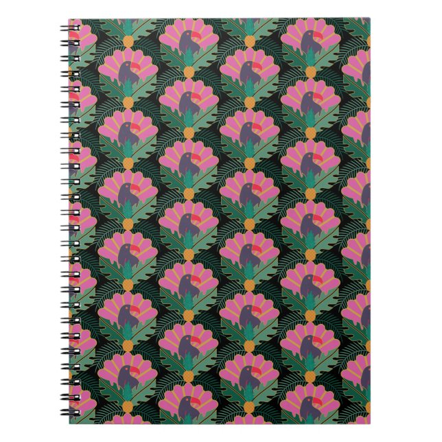 Caderno Espiral Art Deco Toucans Tropicais e Ananás (Frente)