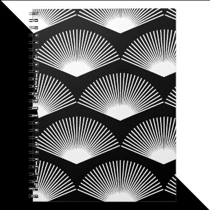 Caderno Espiral Art Deco White Fan Patterno Preto Fundo