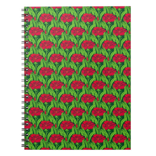 Caderno Espiral Art Nouveau red Carnações florais damasco (Frente)