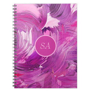 Caderno Espiral Arte Abstrata Monograma Roxo Rosa Pincelada