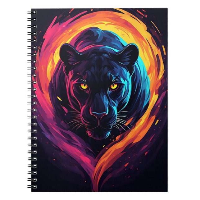 Caderno Espiral Arte Agressiva de Pantera em Cores Neon (Frente)