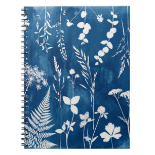 Caderno Espiral Arte Botânica de Samambaia em Azul Cianotipia Índi