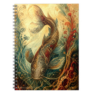 Caderno Espiral Arte Botânica Vintage de Peixe Koi Ornamentado