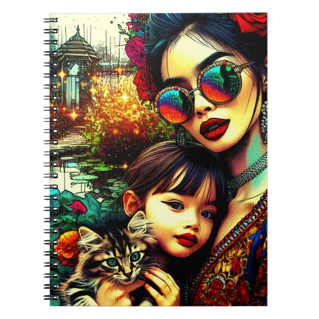 Caderno Espiral Arte Colorido Mãe e Filha Jardim de Flores Asiátic (Frente)