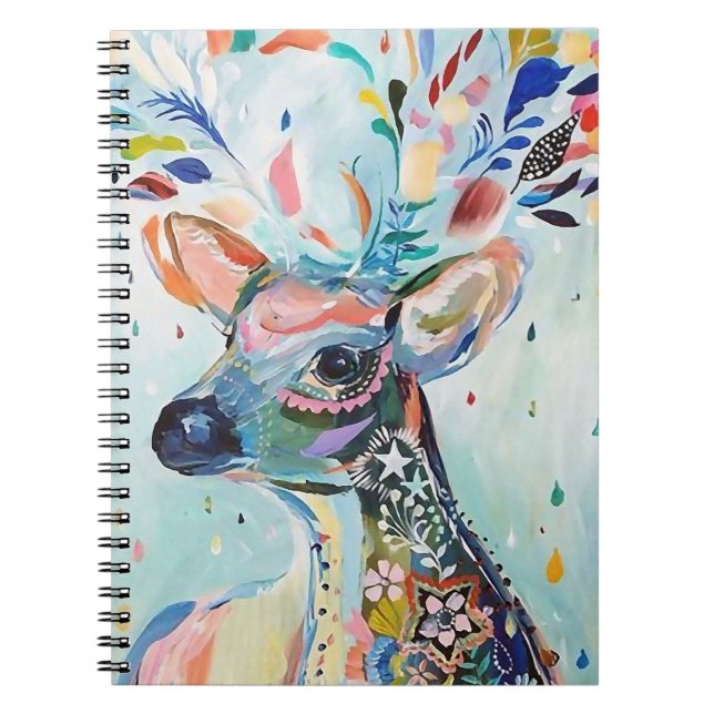 Caderno Espiral Arte de Cervo Moderno e Bonito com Flores e Chifre (Frente)