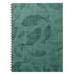 Caderno Espiral Arte de Estêncil de Peixes Aquáticos Padrão Teal B
