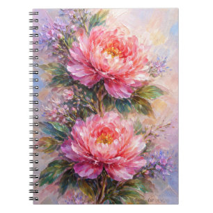 Caderno Espiral Arte de Flor de Peônia Rosa Elegante