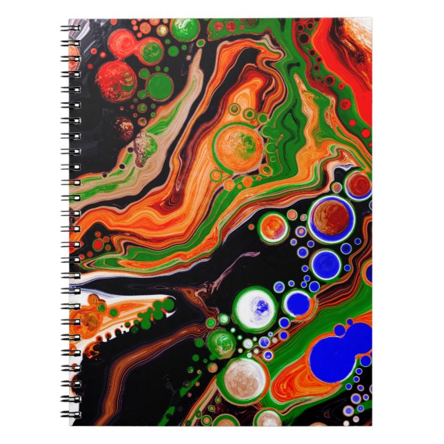 Caderno Espiral Arte de Fluido Digital Laranja, Azul, Verde, Preto (Frente)