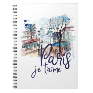 Caderno Espiral Arte de France da caligrafia da aguarela do t'aime