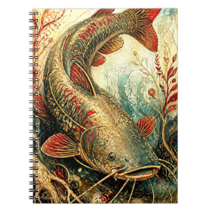 Caderno Espiral Arte de Fusão de Peixe Gato Koi Vintage Ornamentai