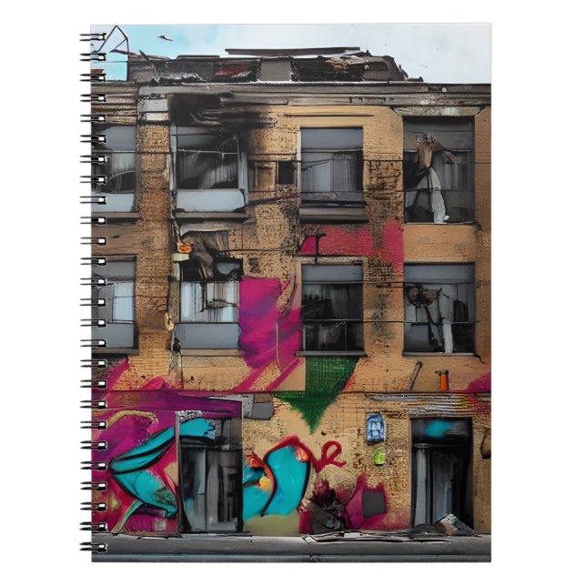 Caderno Espiral Arte de IA Abstrata de Edifício Abandonado (Frente)