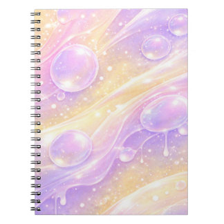 Caderno Espiral Arte de IA de bolhas pastéis roxas e amarelas