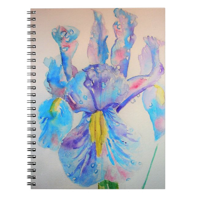 Caderno Espiral Arte de Íris Azul Desenho de Aquarela Floral (Frente)