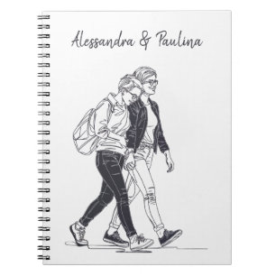 Caderno Espiral Arte de Linha Caminhante de Casal Lésbica Personal