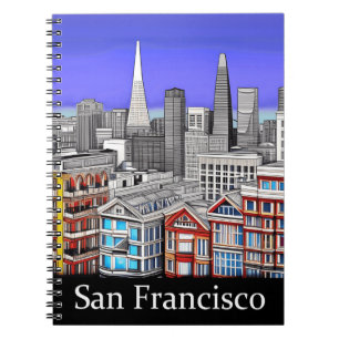 Caderno Espiral Arte de Linha Colorida em Skyline em São Francisco