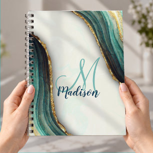 Caderno Espiral Arte de mármore verde esmeralda elegante com brilh