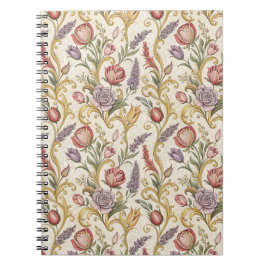 Caderno Espiral Arte de padrão de rolagem floral vintage francês o